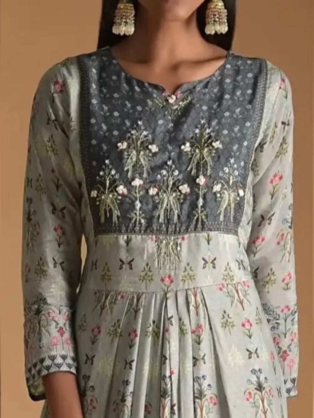 Kalki Cloud Grey Cotton Silk Beaded Embroidered Maxi Dress L Gown India Boho - Picture 2 of 16